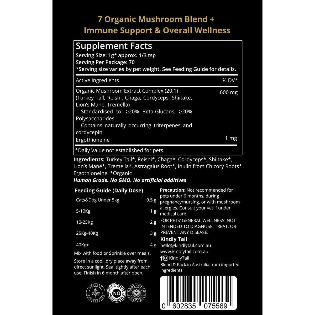 Kindly Tail mushroom supplement label, ingredients and feeding guide