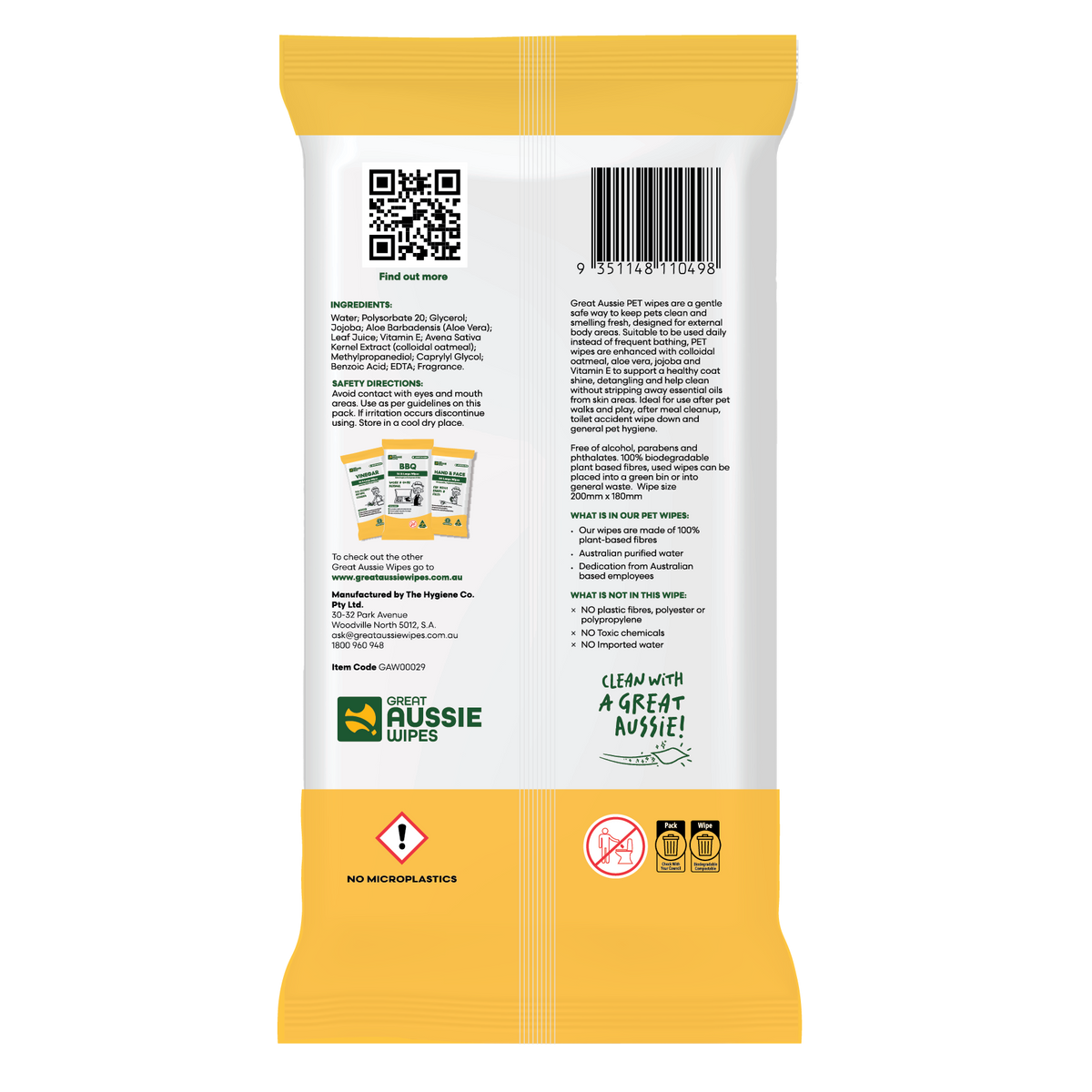 Back of the Great Aussie Pet Wipes pack showing ingredients, safety directions and barcode