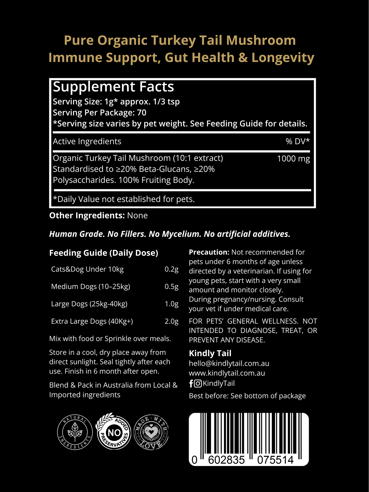 Kindly Tail Pure Turkey Tail ingredients and feeding guide
