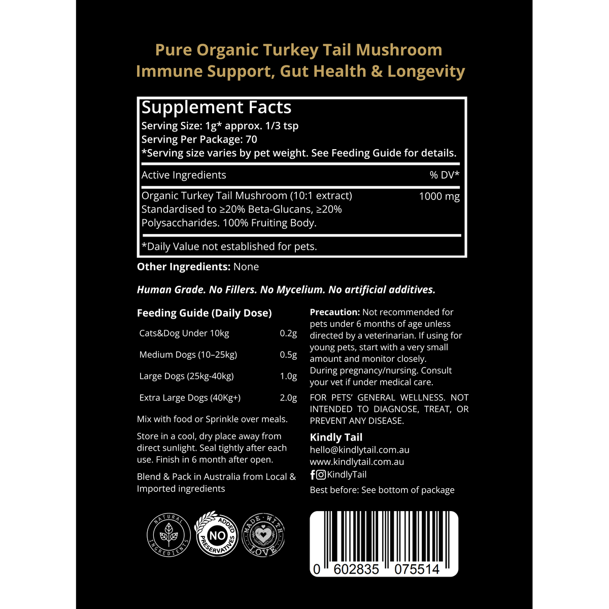 Kindly Tail Pure Turkey Tail ingredients and feeding guide