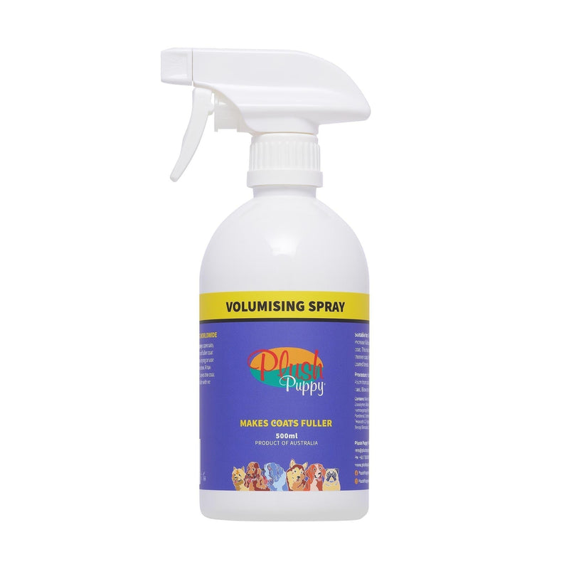 Plush Puppy Volumising Spray, a ready to use hair thickening spray that adds fullness to a dog coat before blow-drying