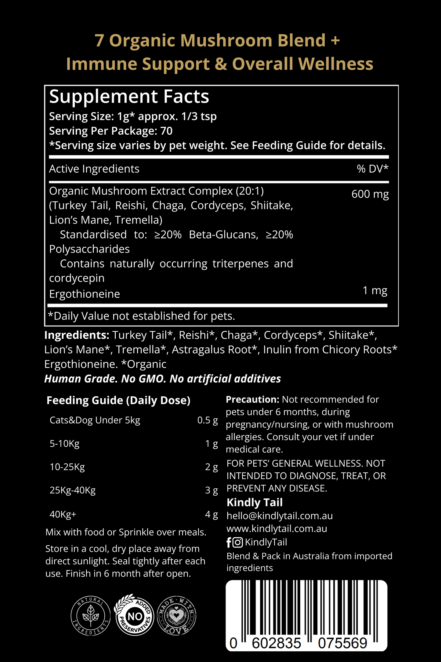 Kindly Tail mushroom supplement label, ingredients and feeding guide