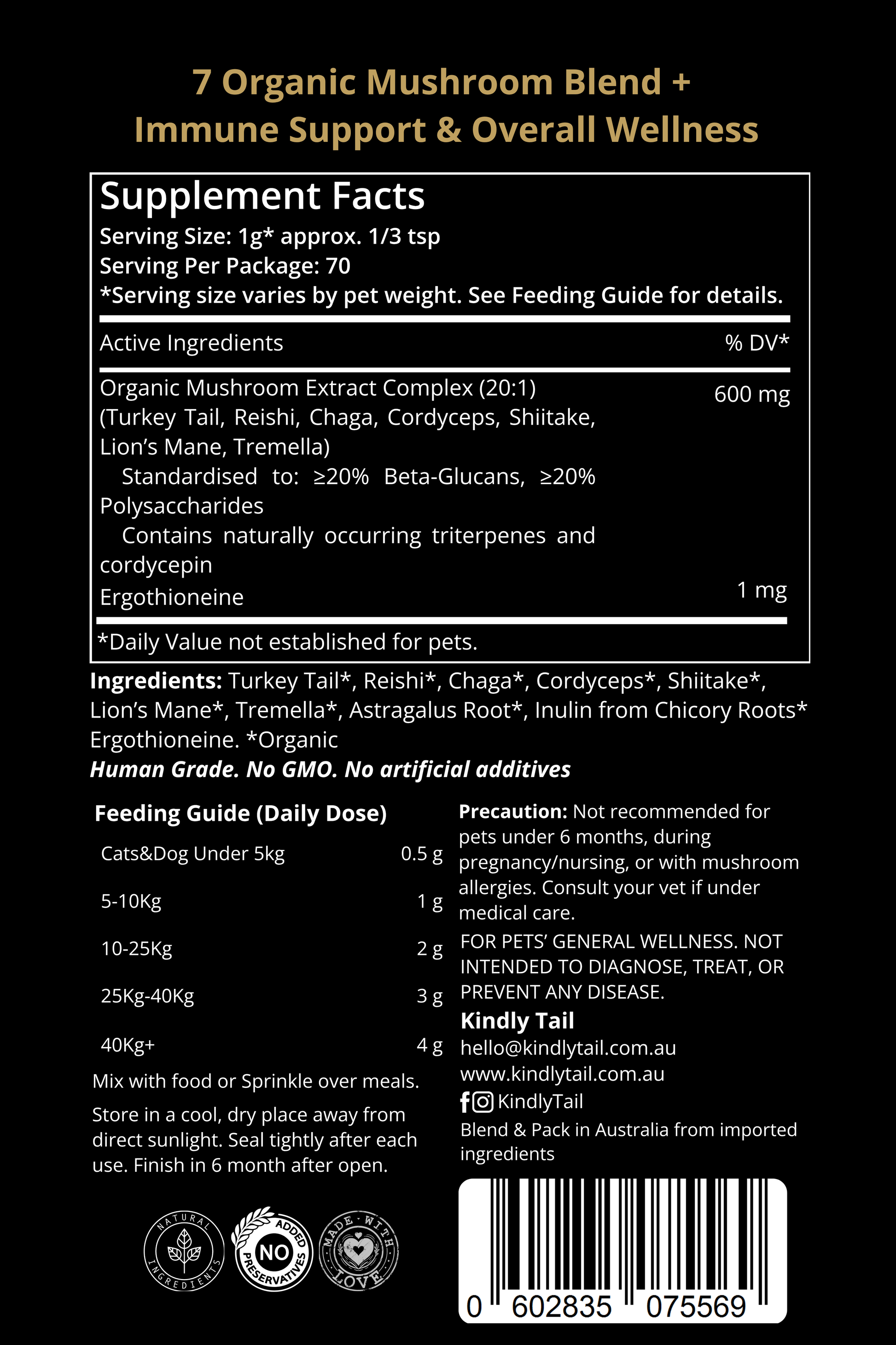 Kindly Tail mushroom supplement label, ingredients and feeding guide