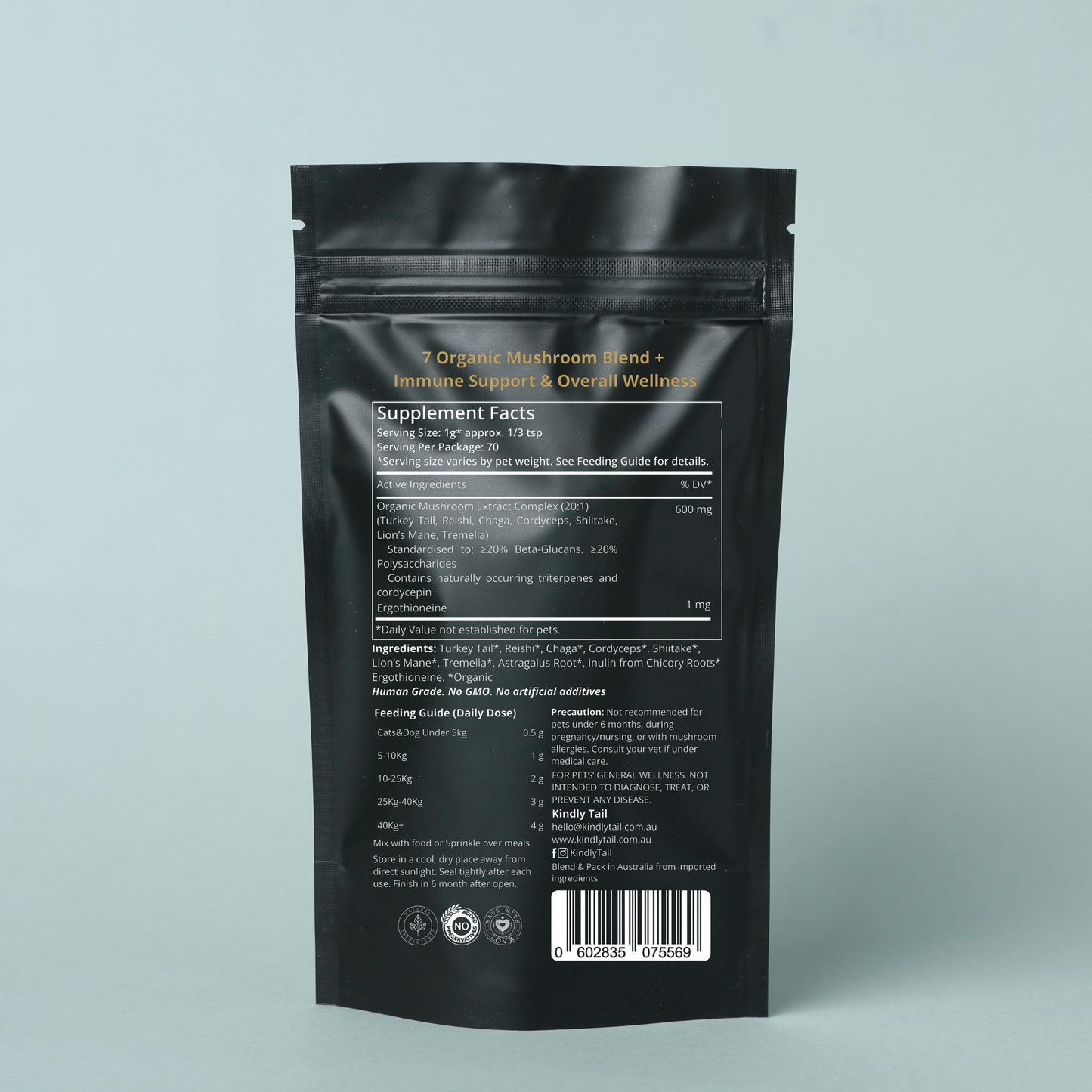 Kindly Tail 7 mushroom supplement ingredients and directions