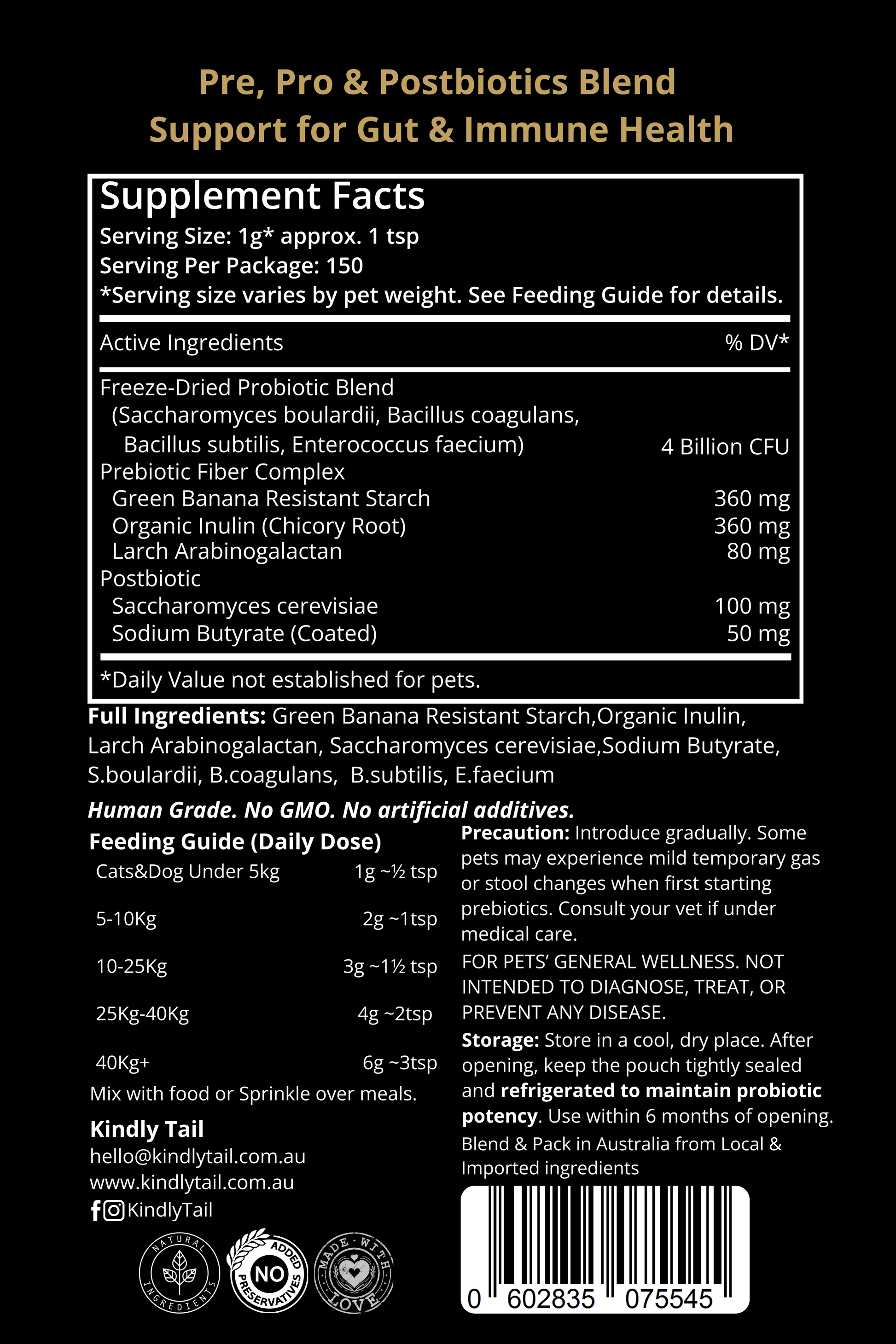 Kindly Tail Synbiotic 3.0 back label with ingredients