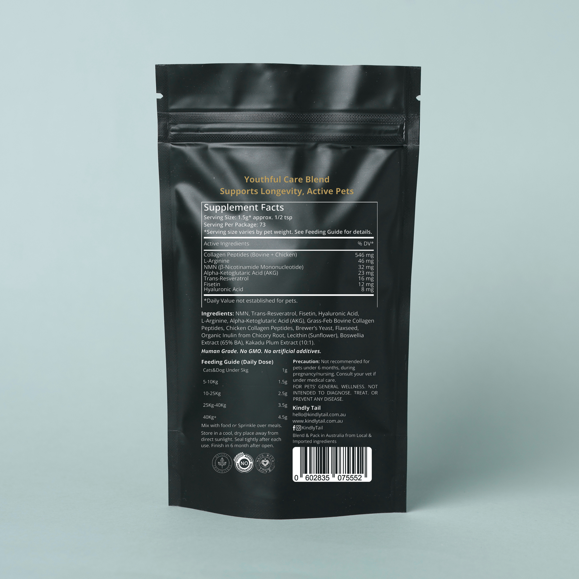 Kindly Tail Youthful Care Blend pouch, back