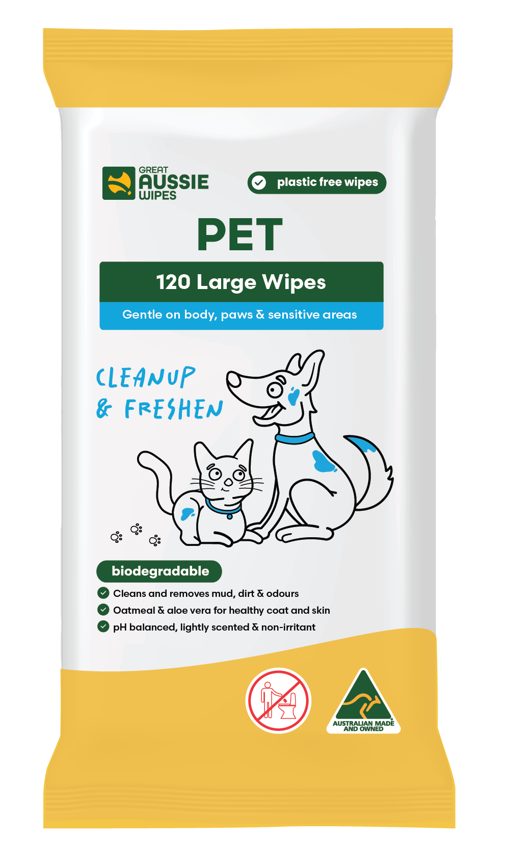 Great Aussie Pet Wipes 120 pack, biodegradable dog and cat wipes with oatmeal and aloe vera