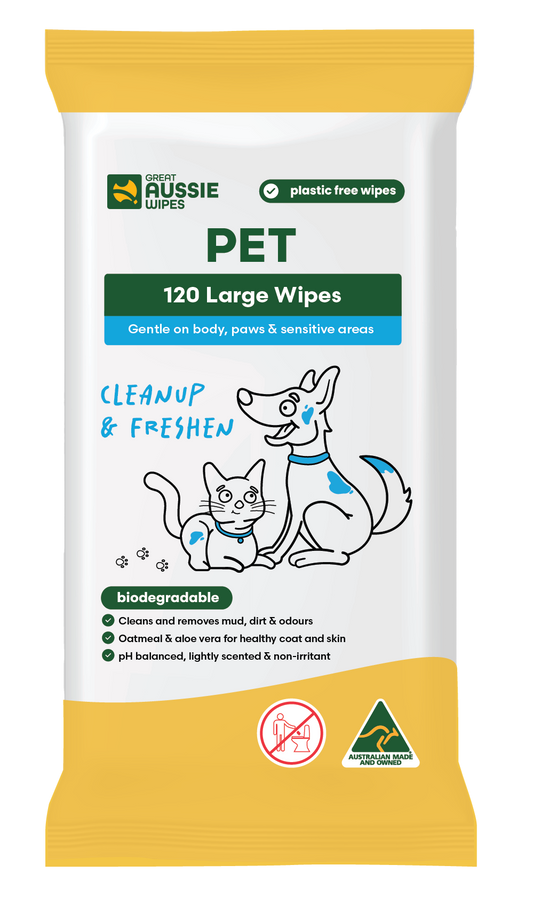 Great Aussie Pet Wipes 120 pack, biodegradable dog and cat wipes with oatmeal and aloe vera