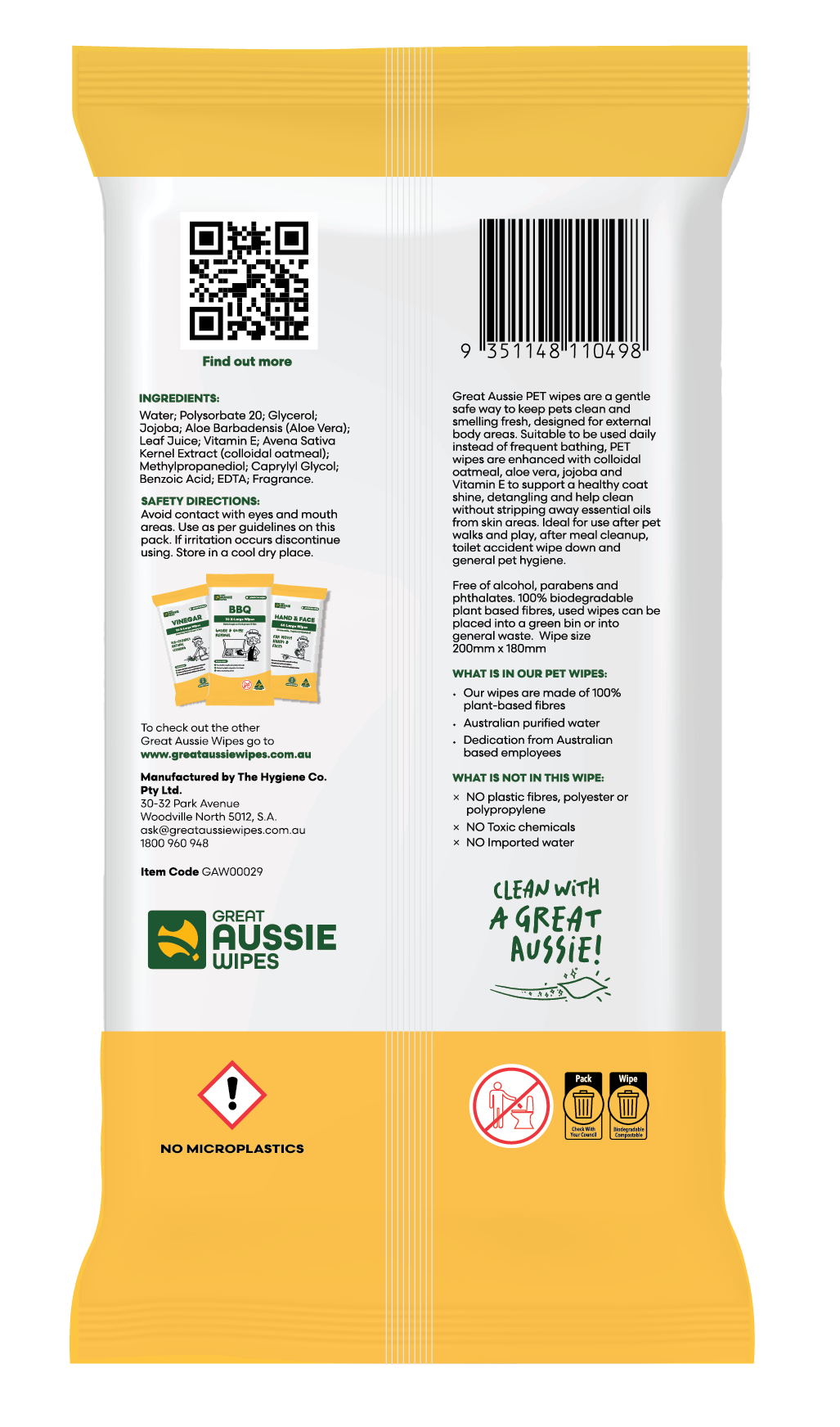 Back of the Great Aussie Pet Wipes pack showing ingredients, safety directions and barcode