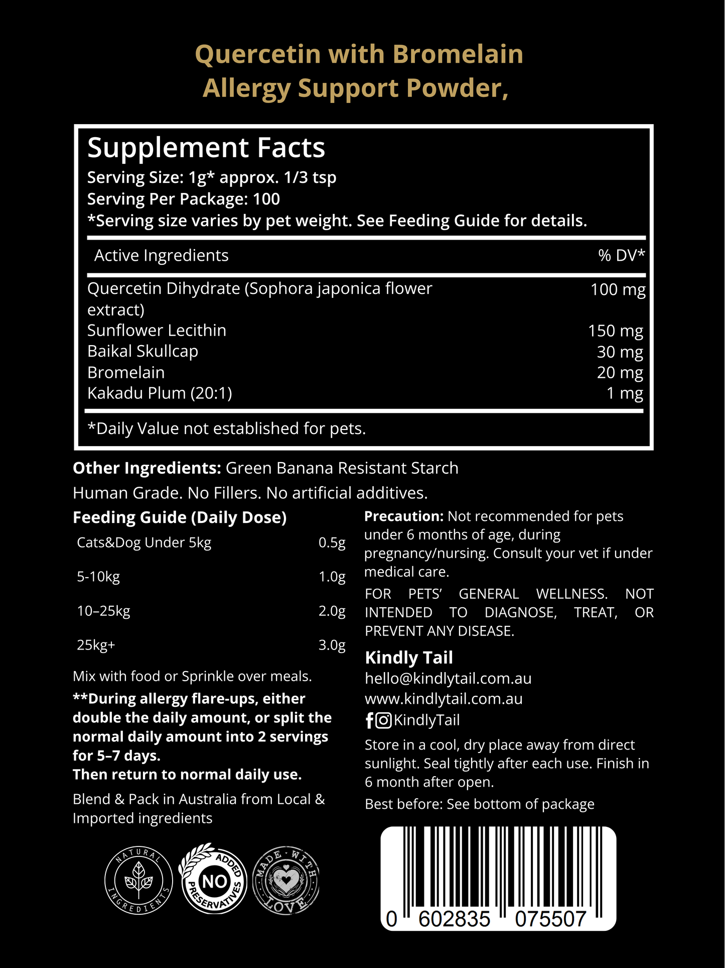 Quercetin with bromelain pet supplement ingredients and directions