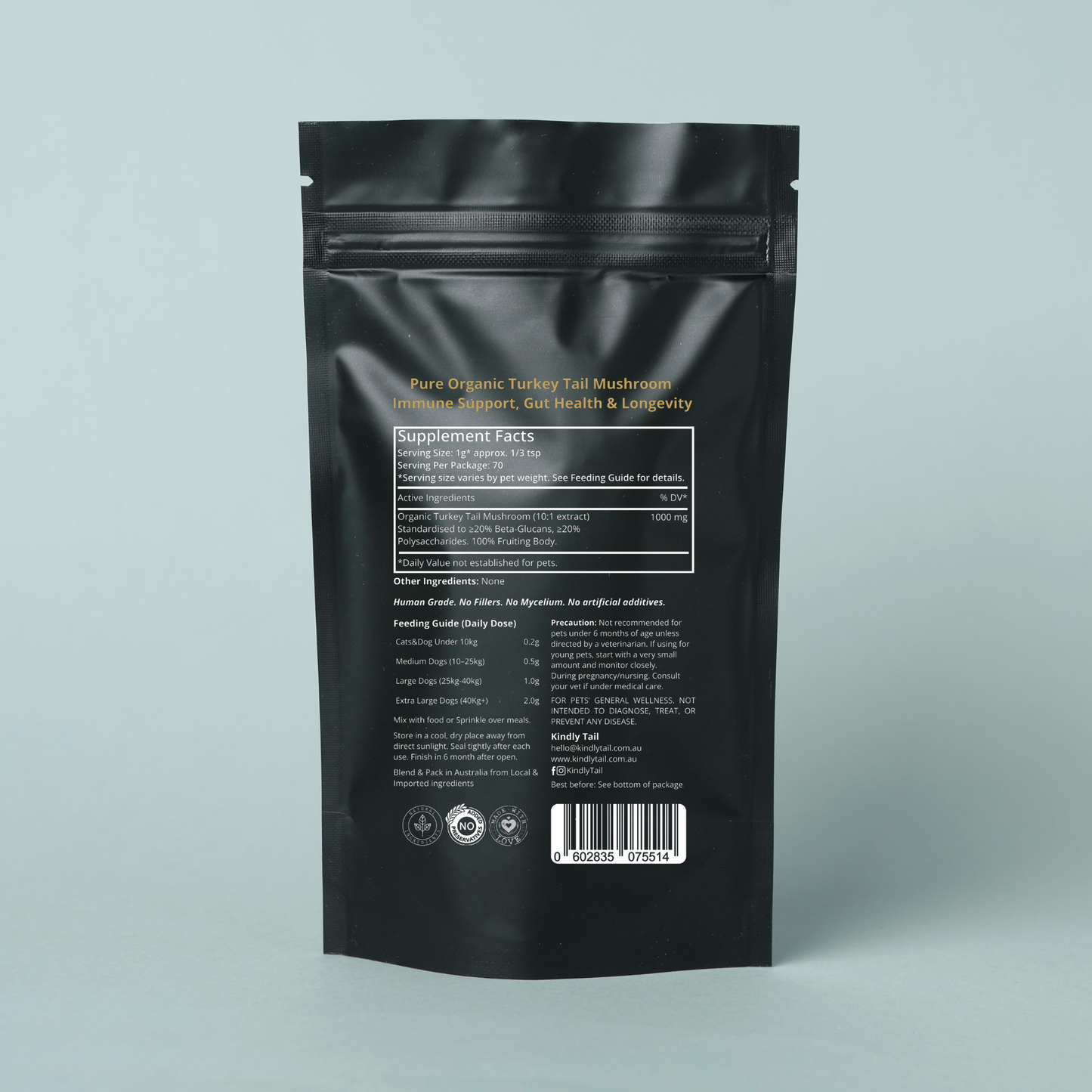 Kindly Tail Pure Turkey Tail mushroom powder, back of pouch