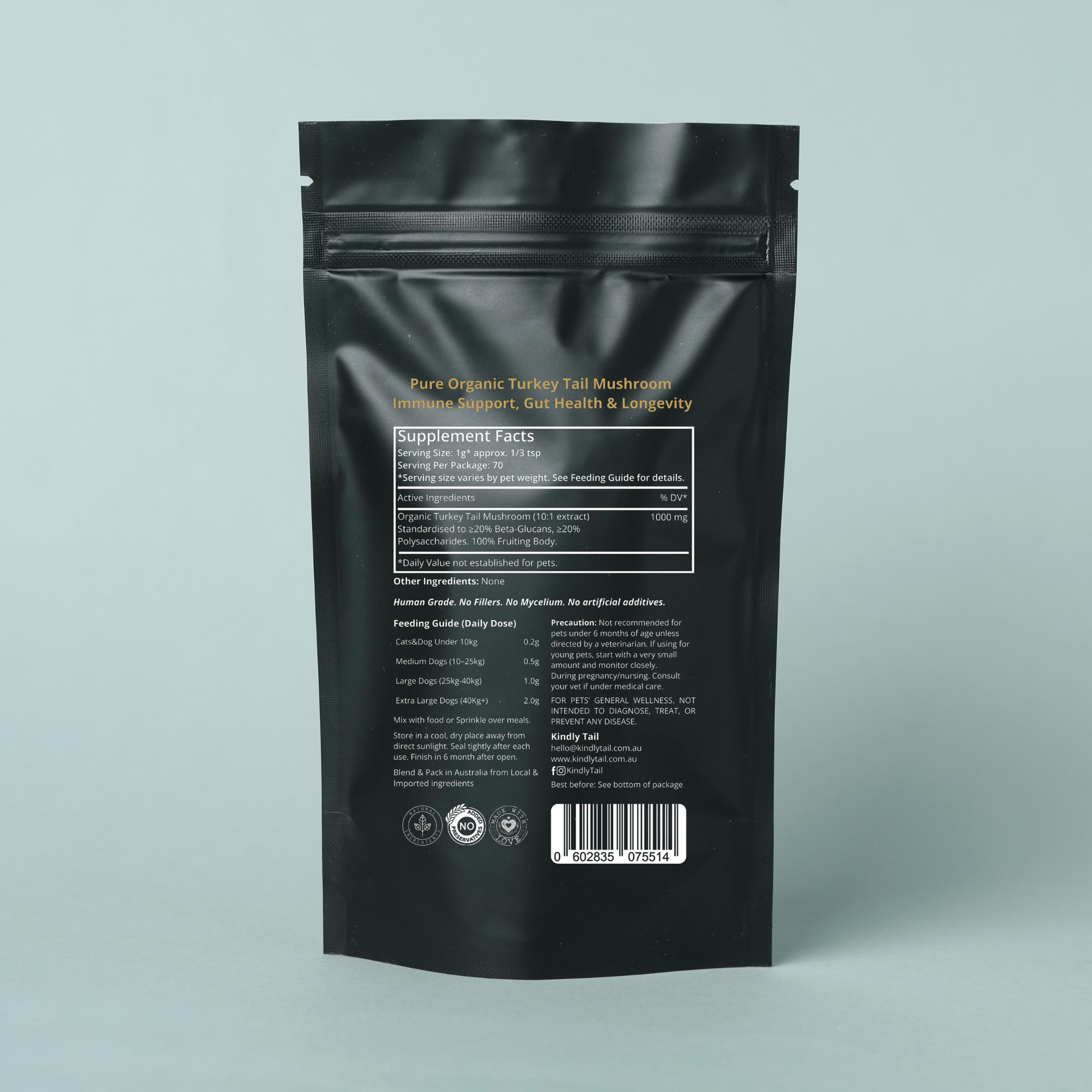 Kindly Tail Pure Turkey Tail mushroom powder, back of pouch