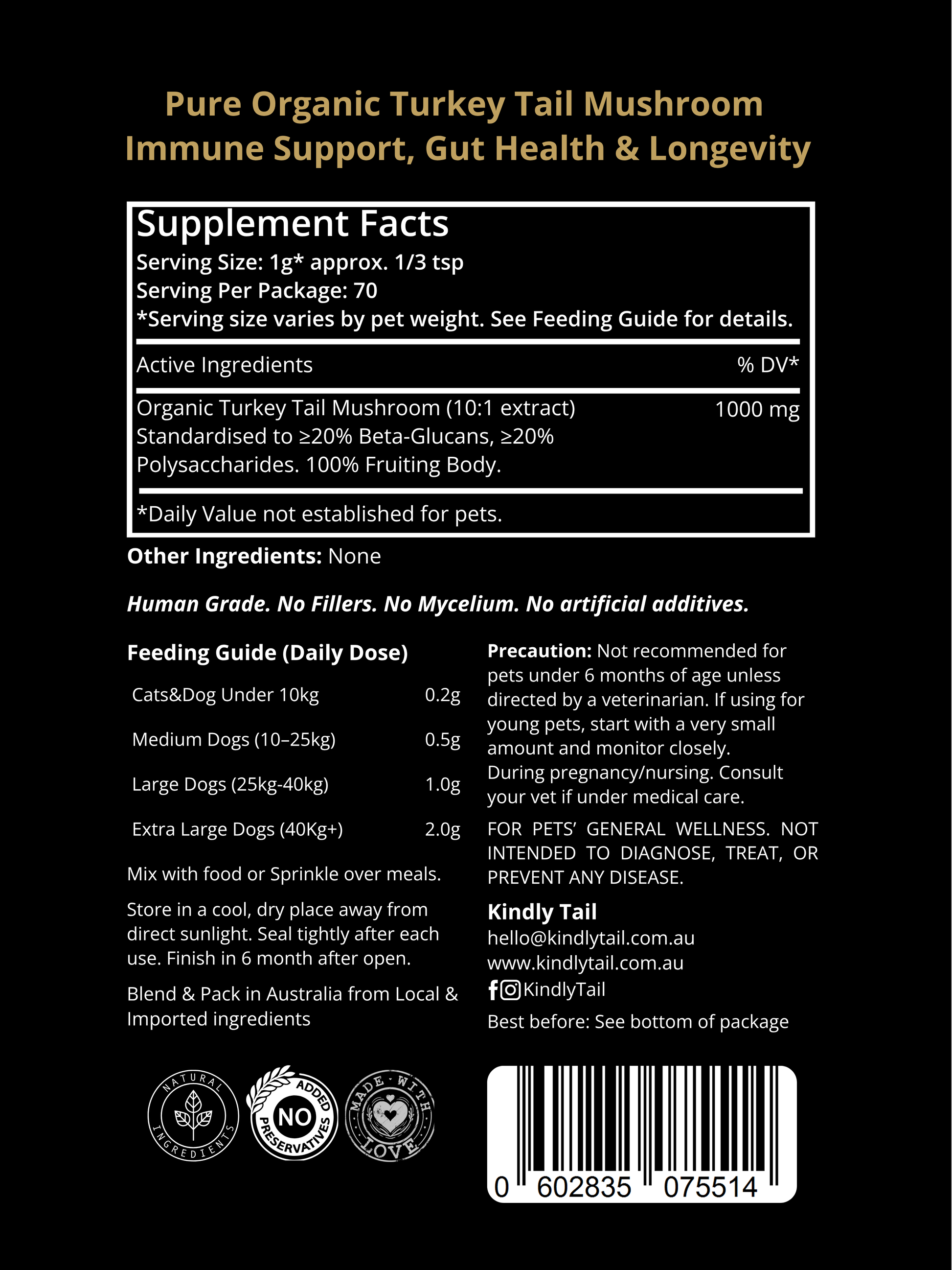 Kindly Tail Pure Turkey Tail ingredients and feeding guide