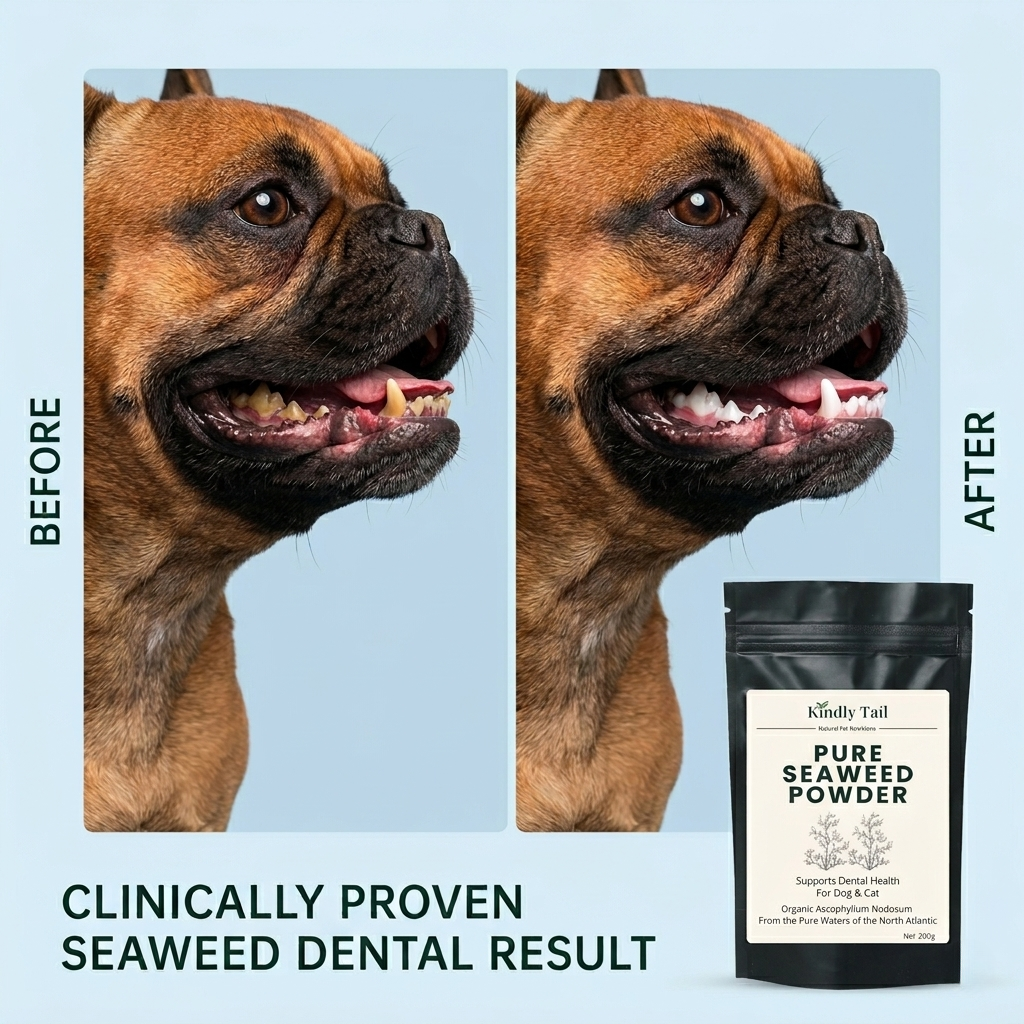 Before and after comparison of dog teeth using seaweed dental powder