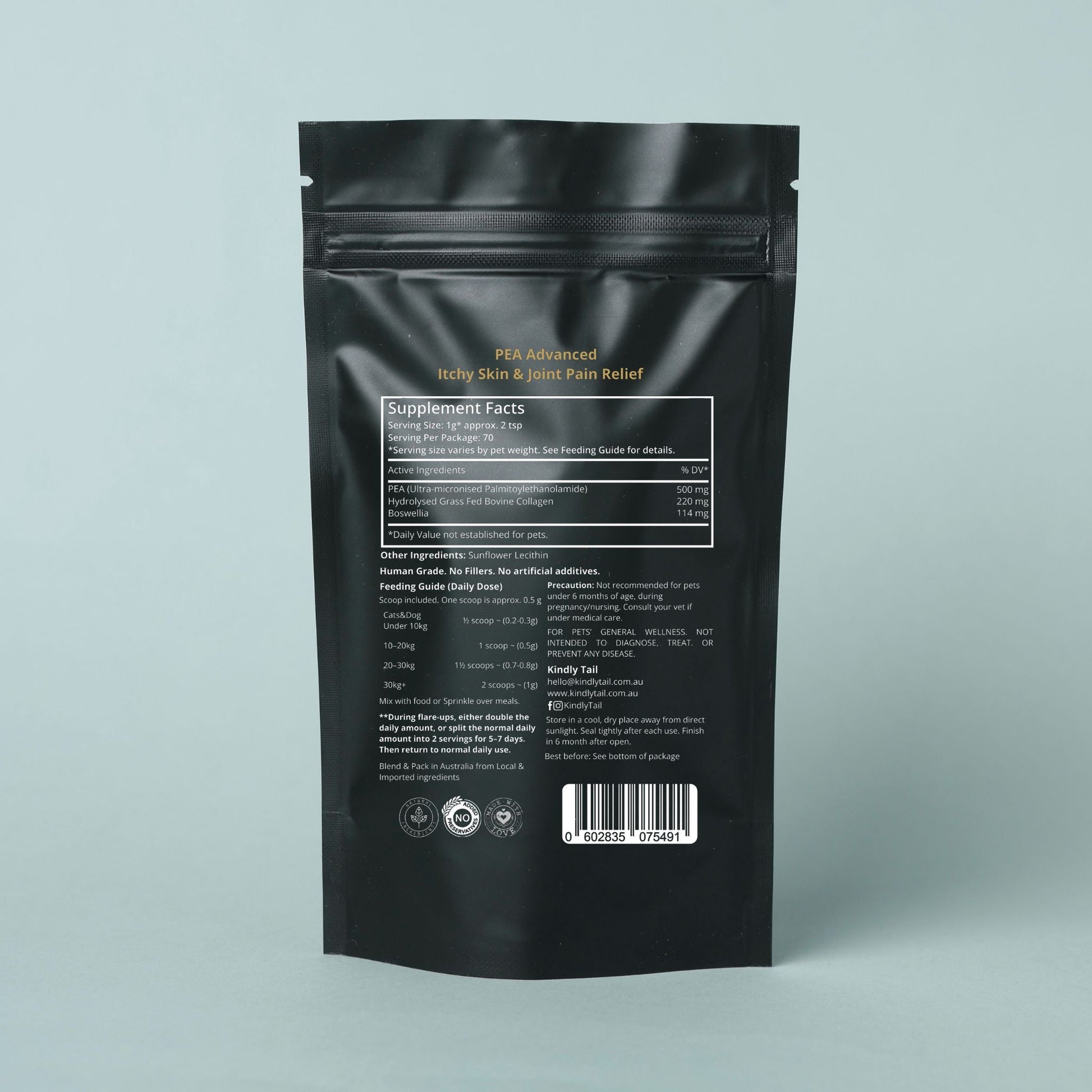 Kindly Tail PEA Advanced for dogs, back of pouch