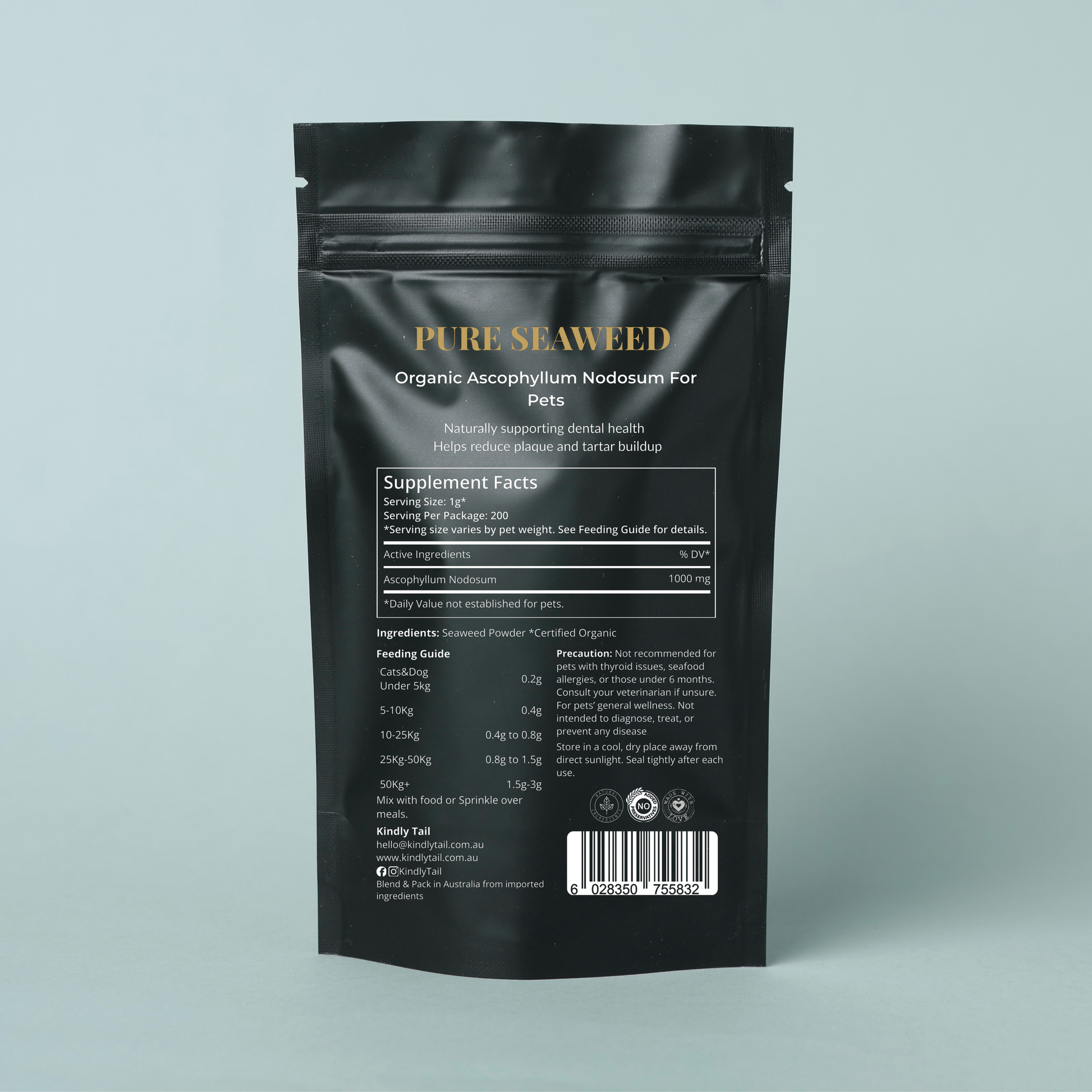 Kindly Tail seaweed dental powder ingredients and feeding guide